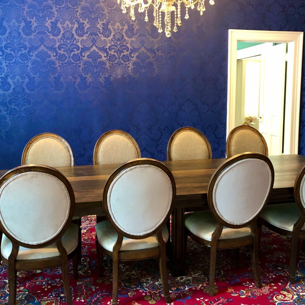 Historic Home Charlotte, NC Dining room Royal Blue Damask Brocade French Flock Wallpaper